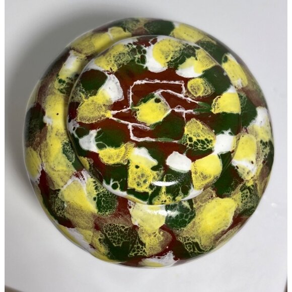 Ceramic Ginger Jar Fossil Craft Lidded Mottled Yellow Green Art Pottery Urn 3" - Picture 2 of 5